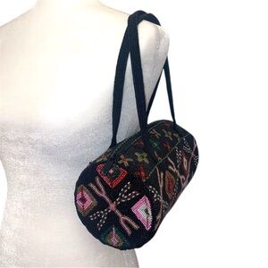 Beaded Black Cylinder Shoulder Bag with Multicolor Floral Embroidery